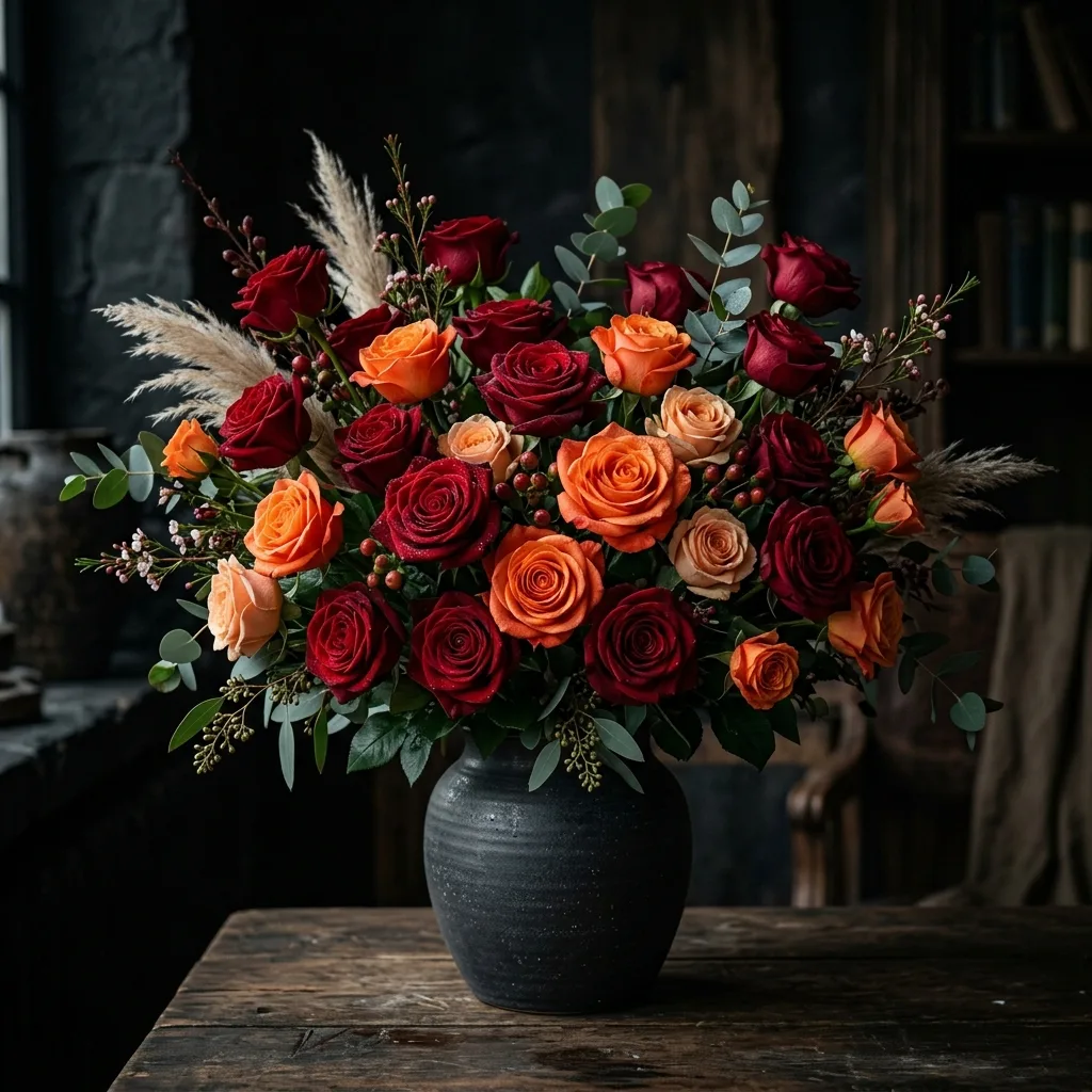 Signature bouquet of red and coral roses styled in a dark ceramic vase