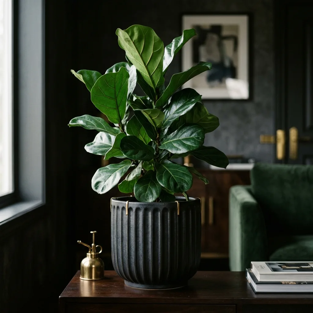 Fiddle-leaf fig plant in a fluted ceramic pot styled in a living room