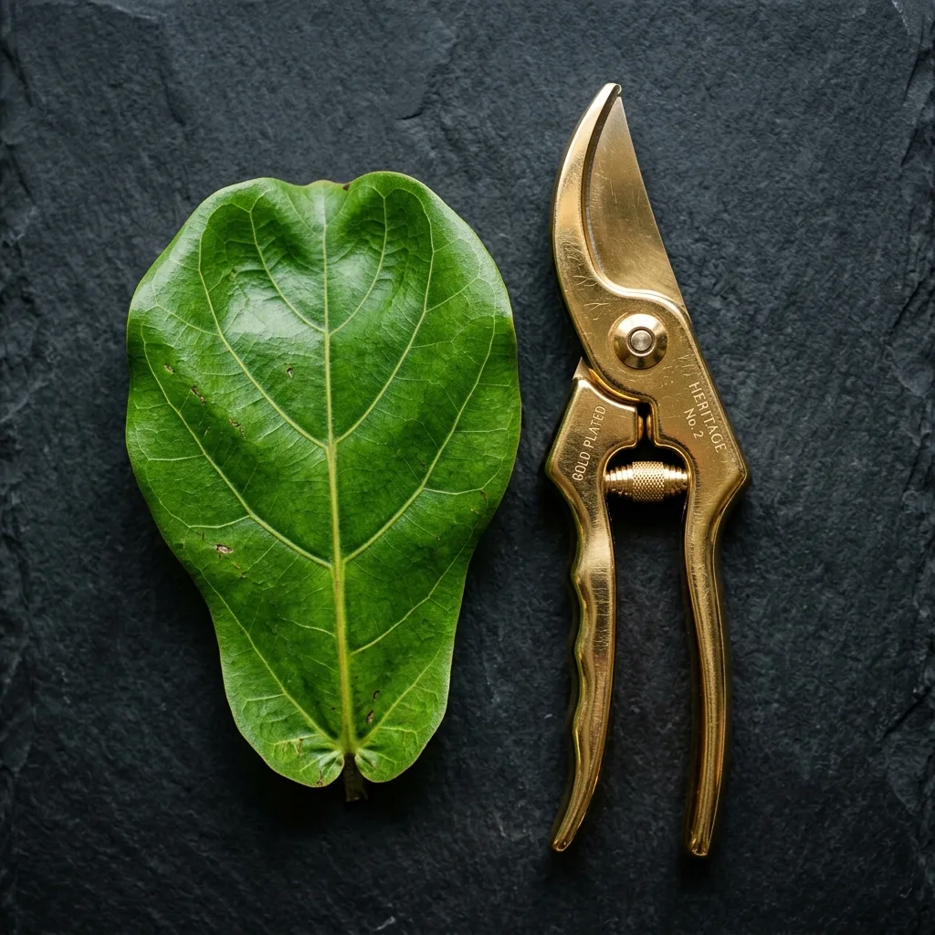 A large green leaf beside a pair of brass pruning shears on dark slate