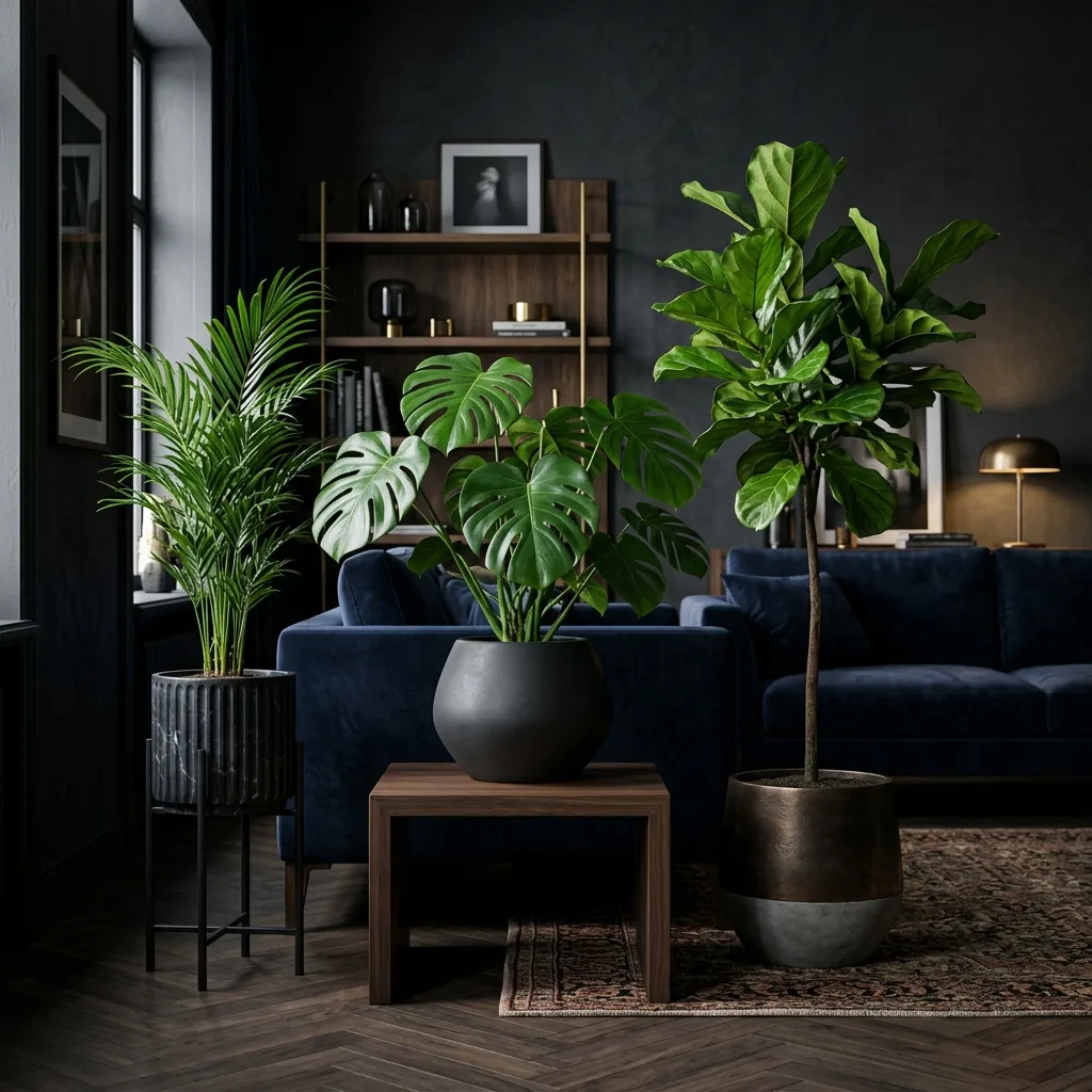 Indoor plants including a fiddle-leaf fig styled in a dark, cosy living room