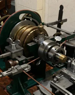 Brass gears and lathe detail in the workshop