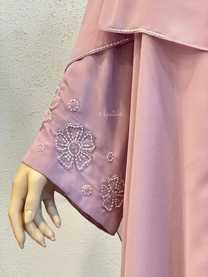Mocha abaya with silver sequin floral motifs on flared sleeves