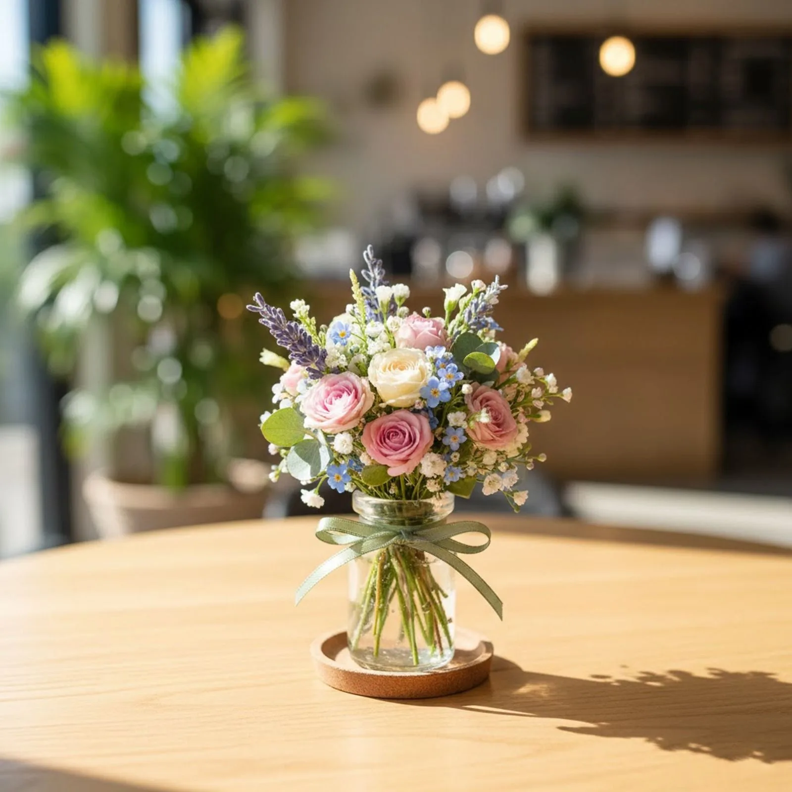 An arrangement of purple roses and pink lilies in a gold vase