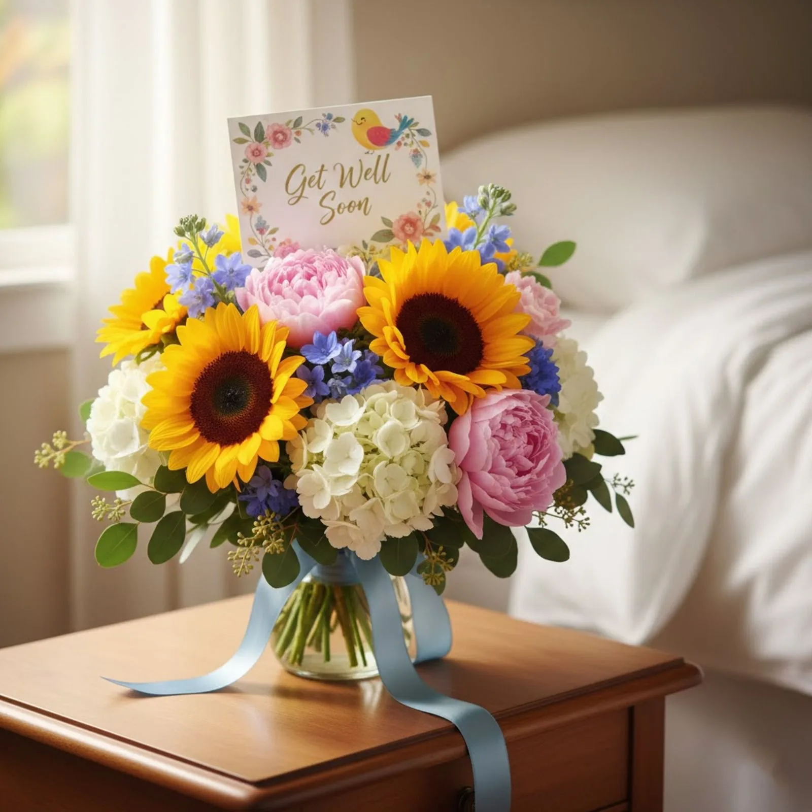 A get-well bouquet of sunflowers, roses and tulips in cheerful wrapping