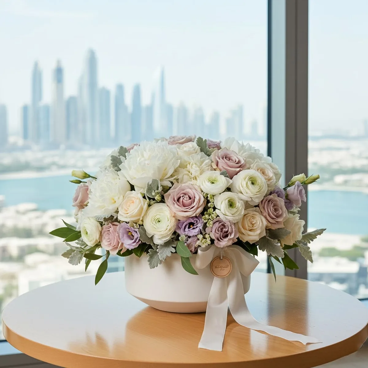 A soft bridal bouquet of white and burgundy blooms held by a couple at sunset