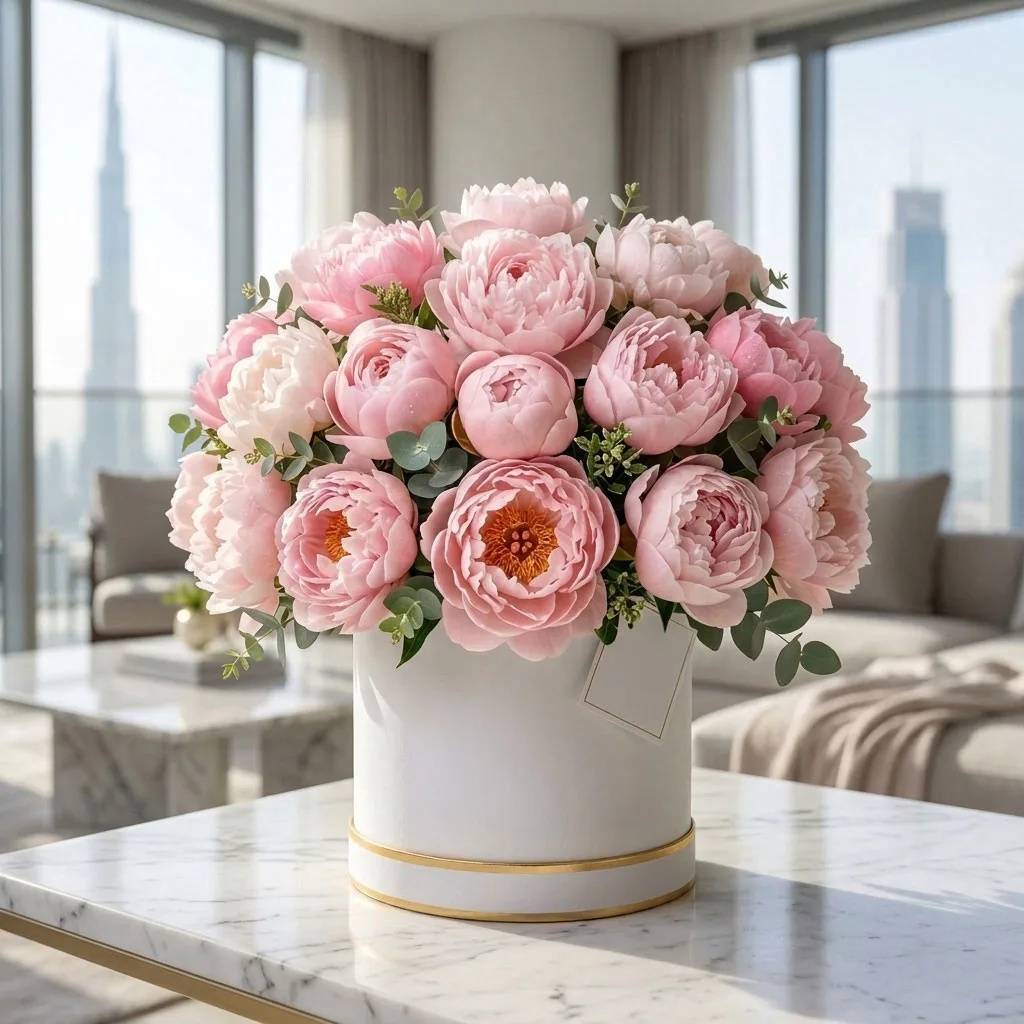 Pink peony arrangement in a white hat box on a marble table, with the Dubai skyline through the window