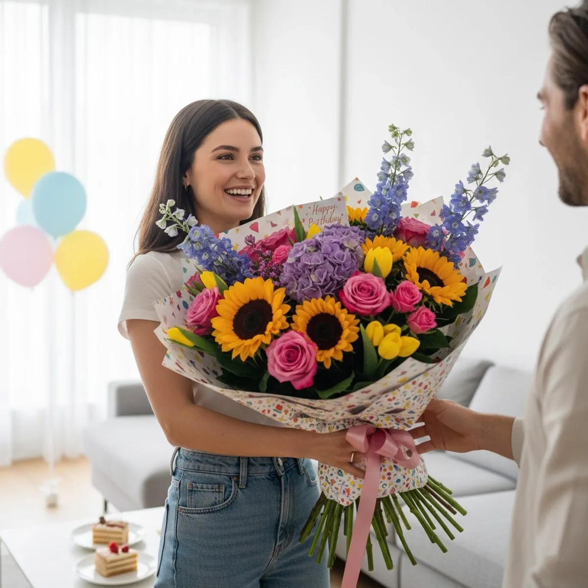 A bright birthday bouquet of sunflowers and roses being handed over