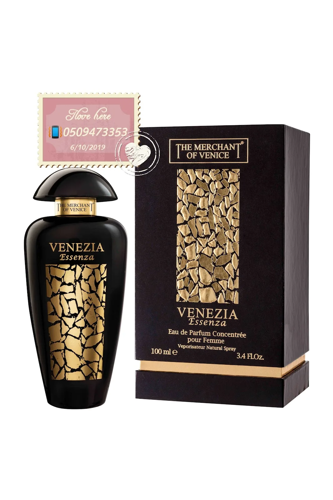 A black and gold boxed perfume