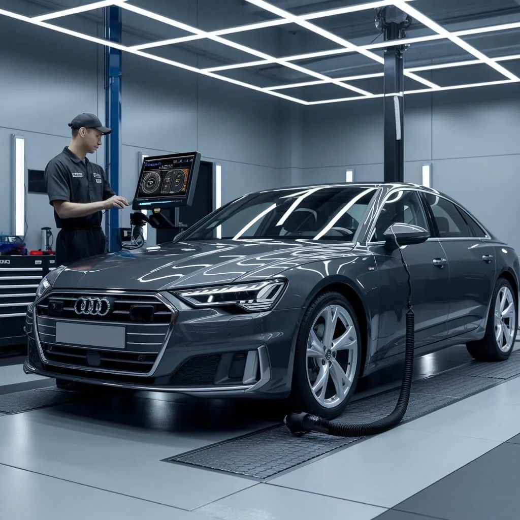 Technician running a computer diagnostic on a car in a clean, well-lit service bay