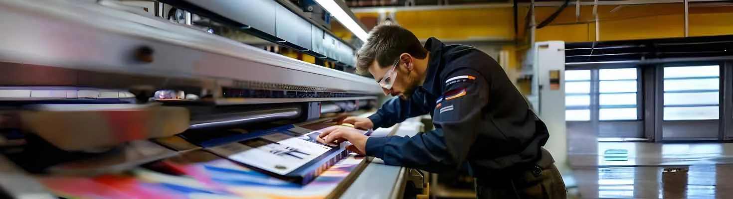 Operator checking colour on sheets at the offset printing press