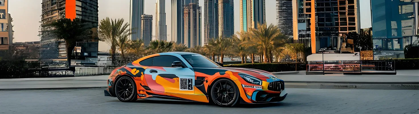 Sports car finished in a full colour printed vehicle wrap on a Dubai street