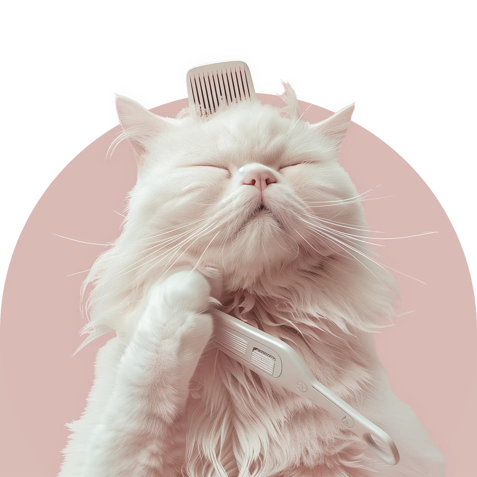 A fluffy white cat being gently combed during a calm grooming session