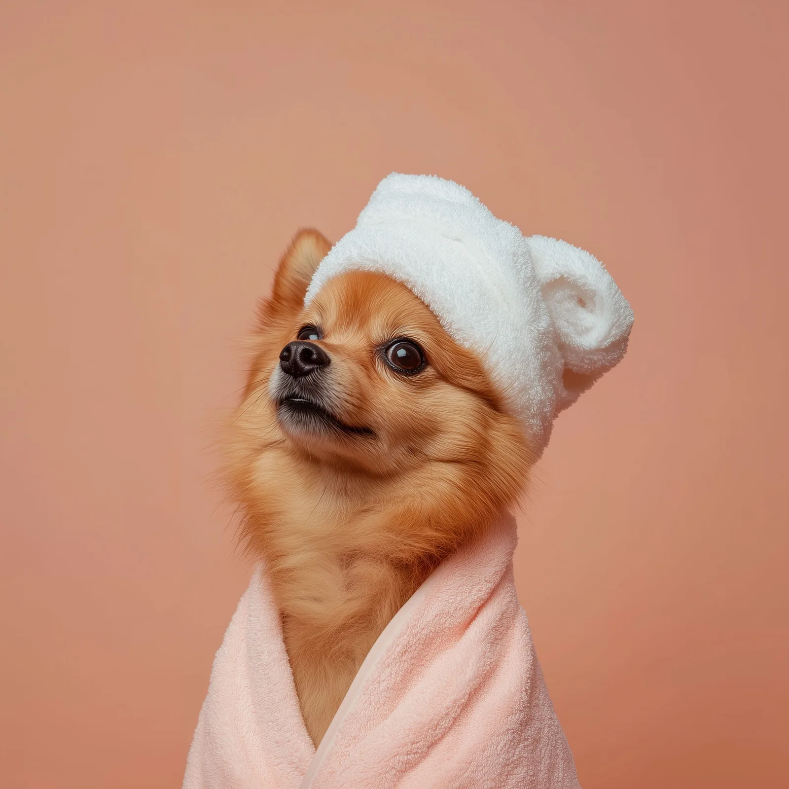 A small dog wrapped in a soft towel after a spa treatment