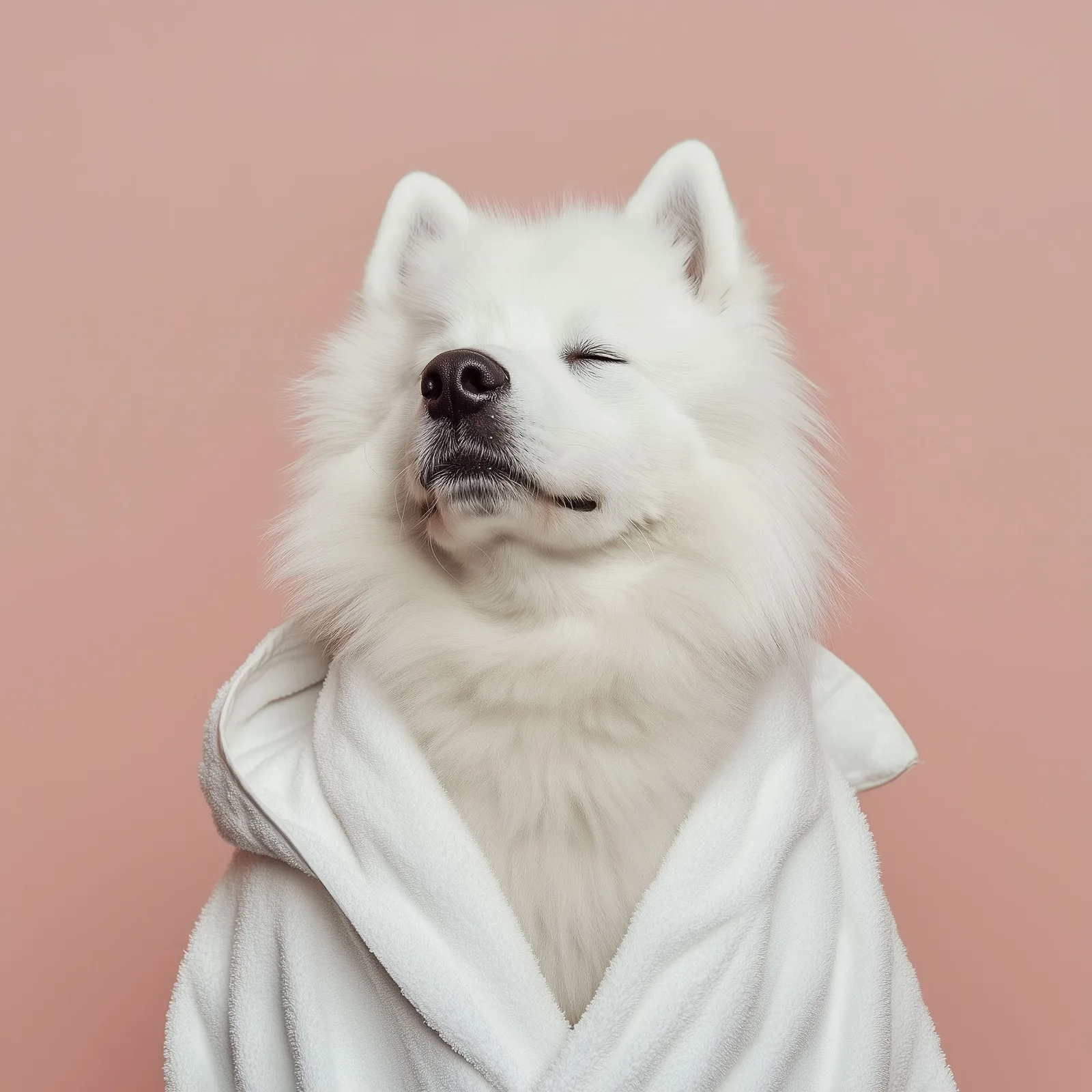 A fluffy white dog wrapped in a spa robe