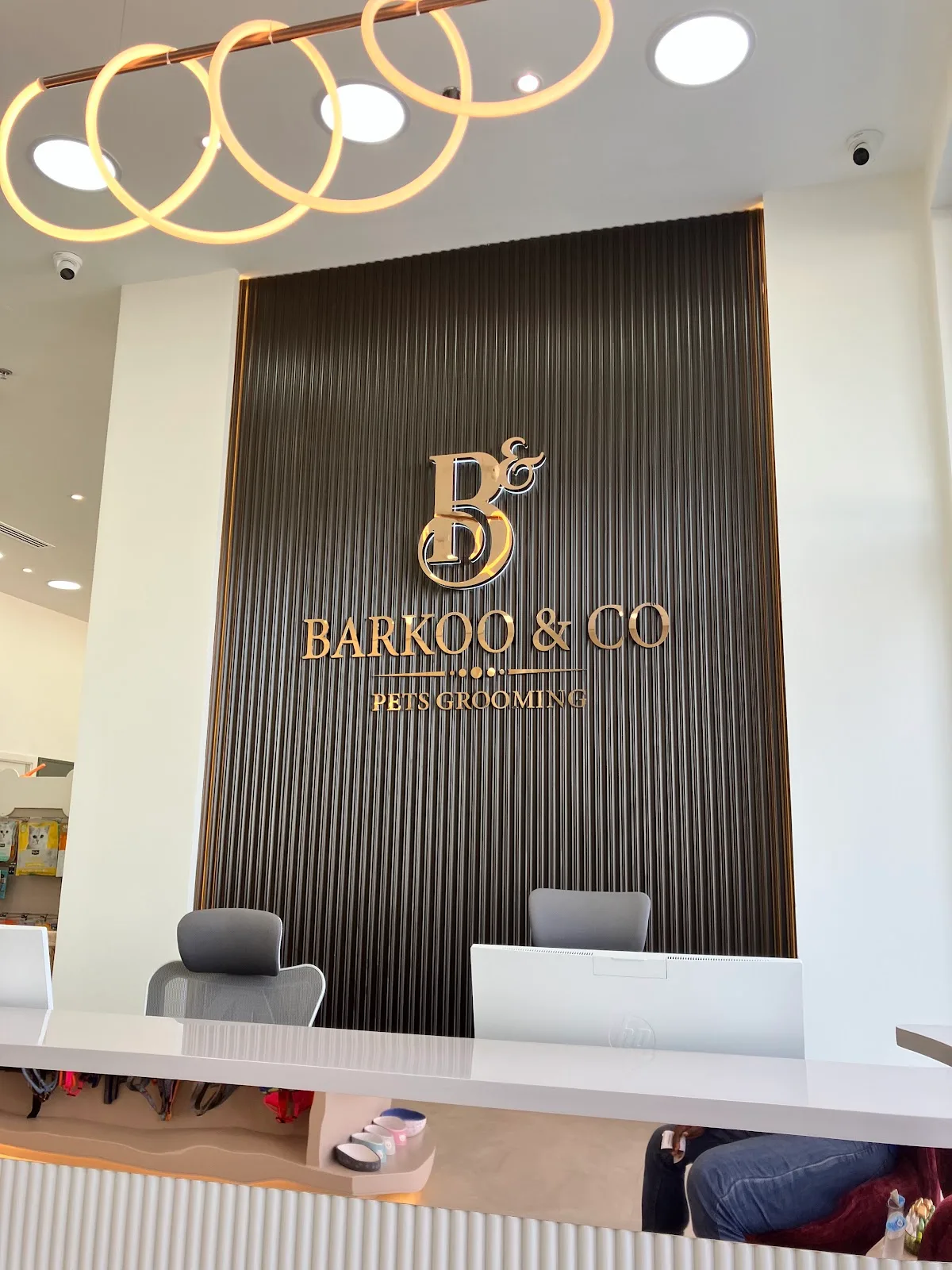 Gold Barkoo & Co signage on the fluted reception wall