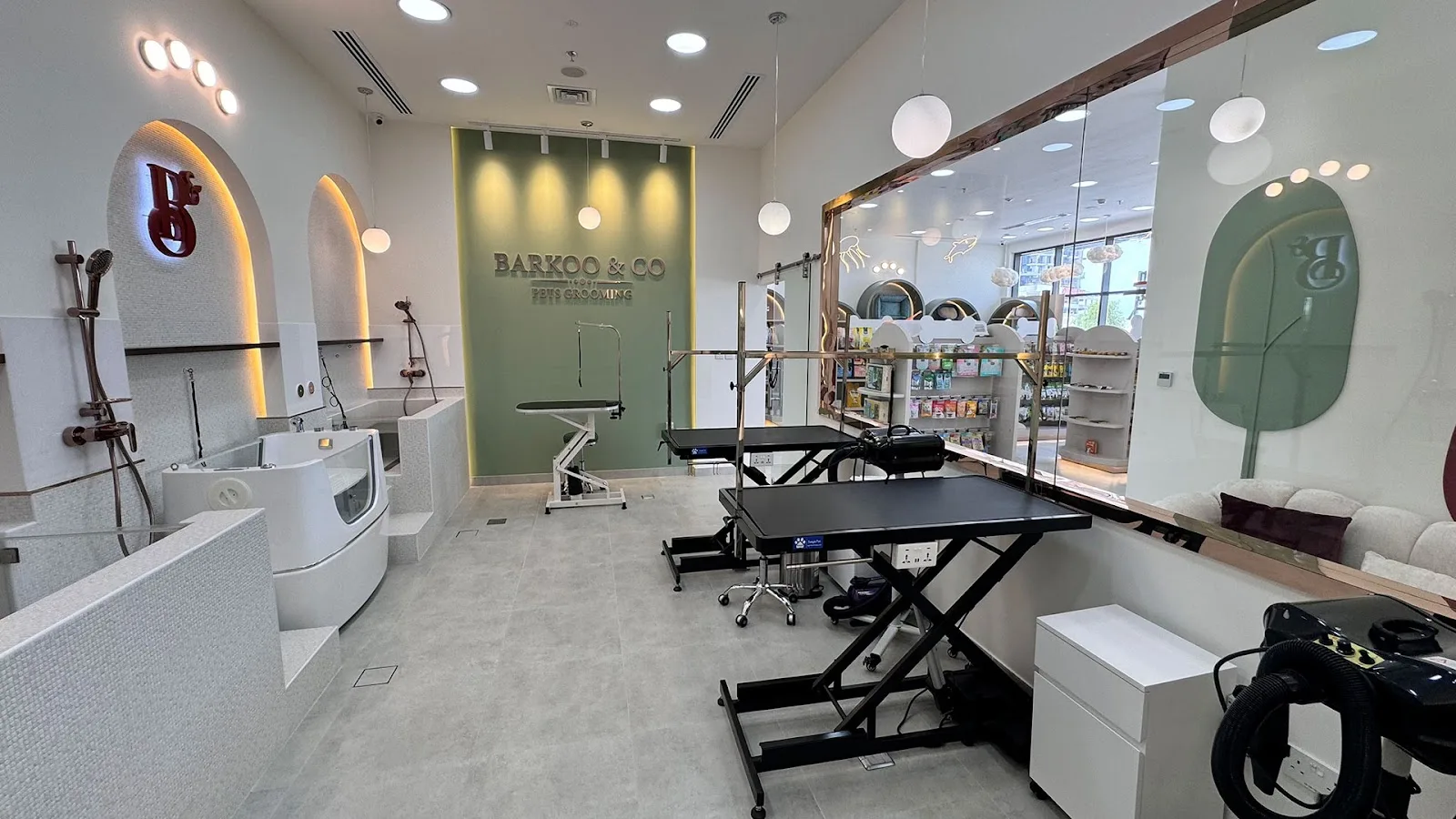 The Barkoo & Co grooming room with adjustable tables, bathing station and sage-green feature wall