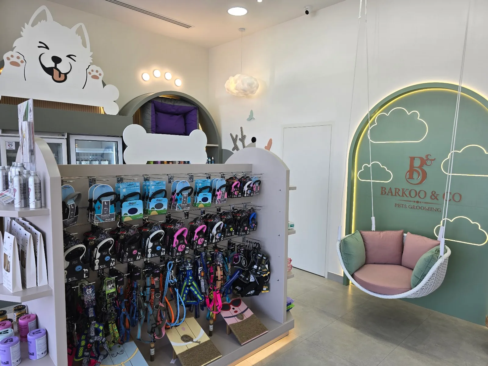 Retail shelves and a cushioned cloud swing inside the Barkoo & Co salon