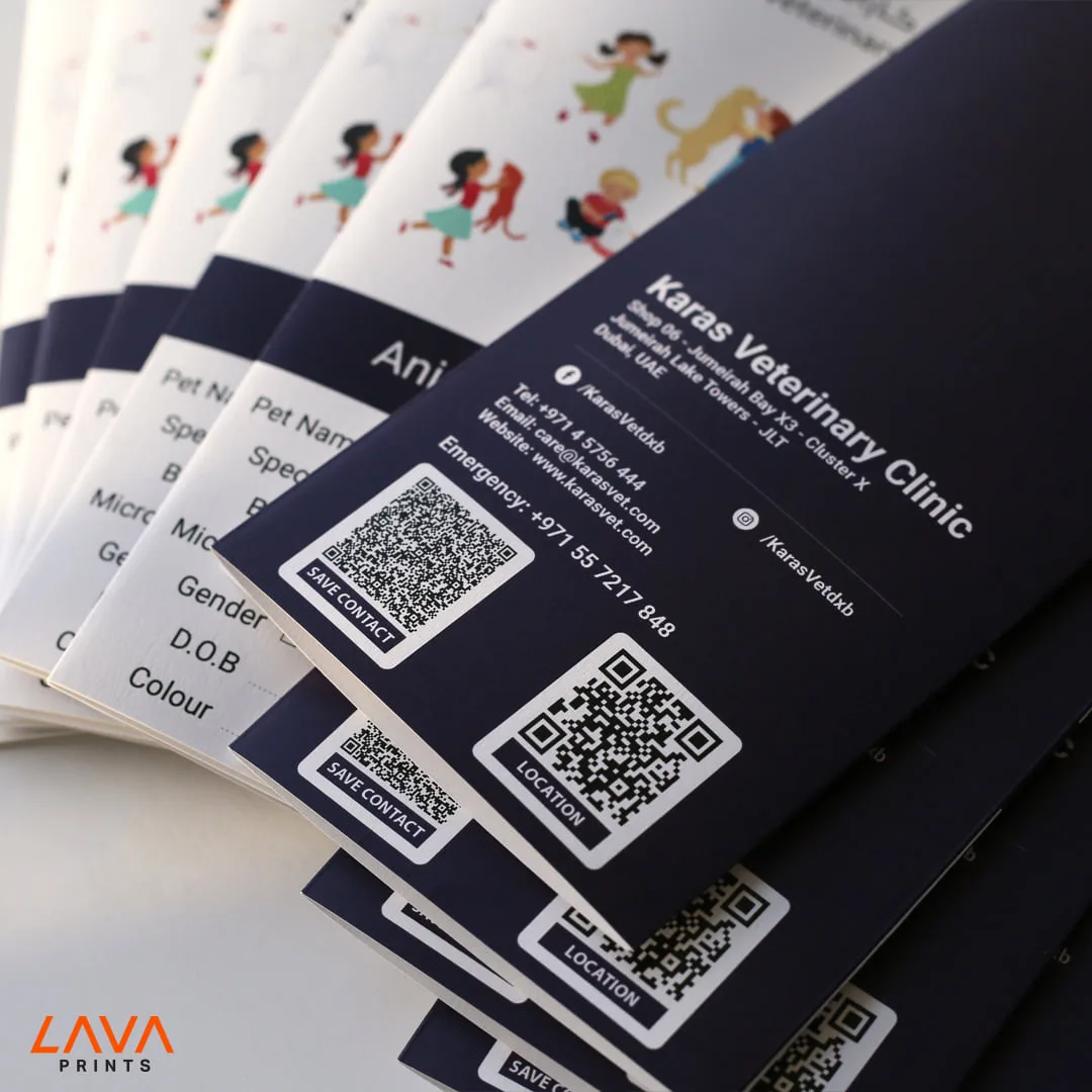 Fanned printed brochures for a veterinary clinic