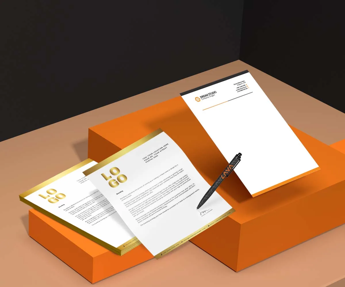 Letterhead and stationery set with branded pen