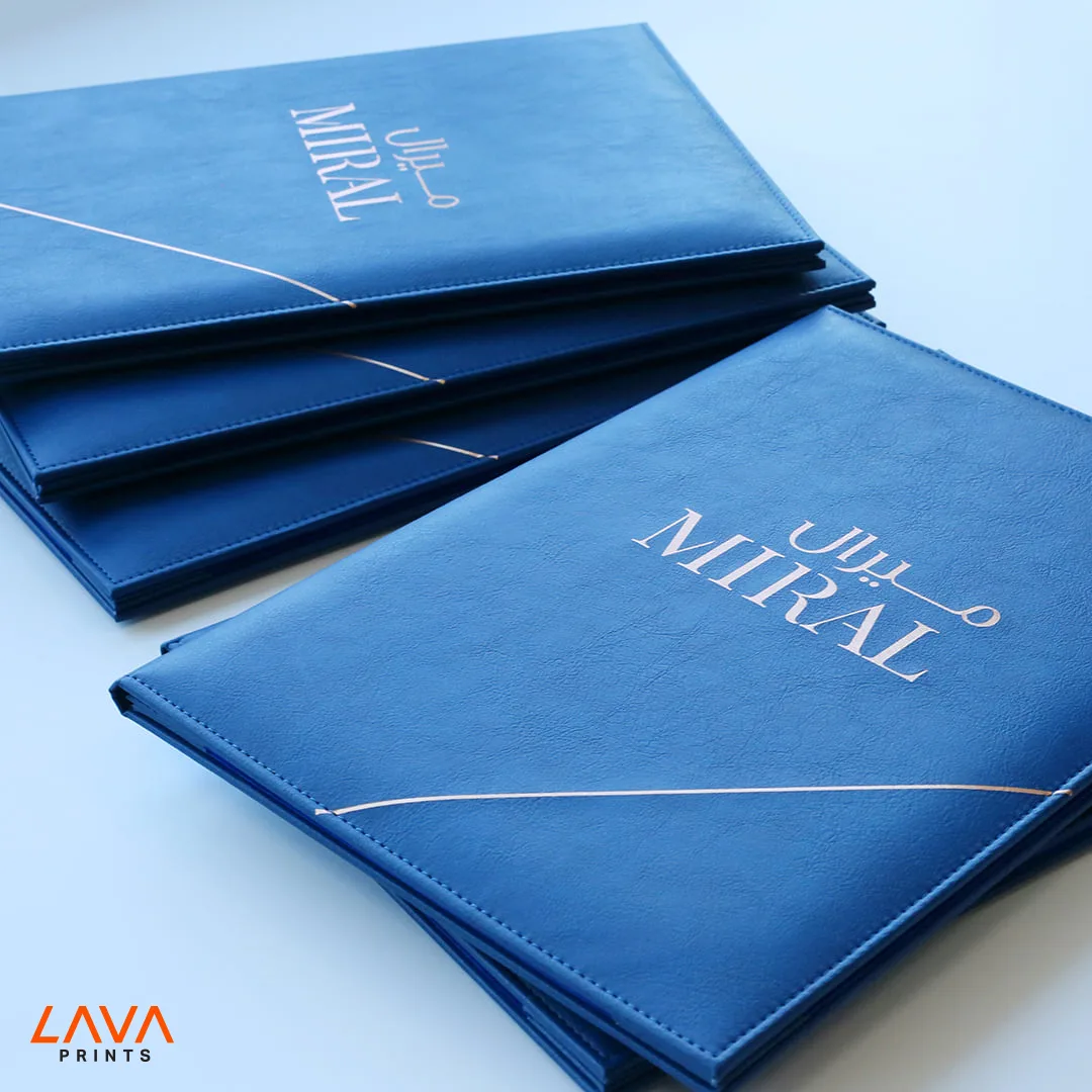 Blue leather-look menu and folder covers