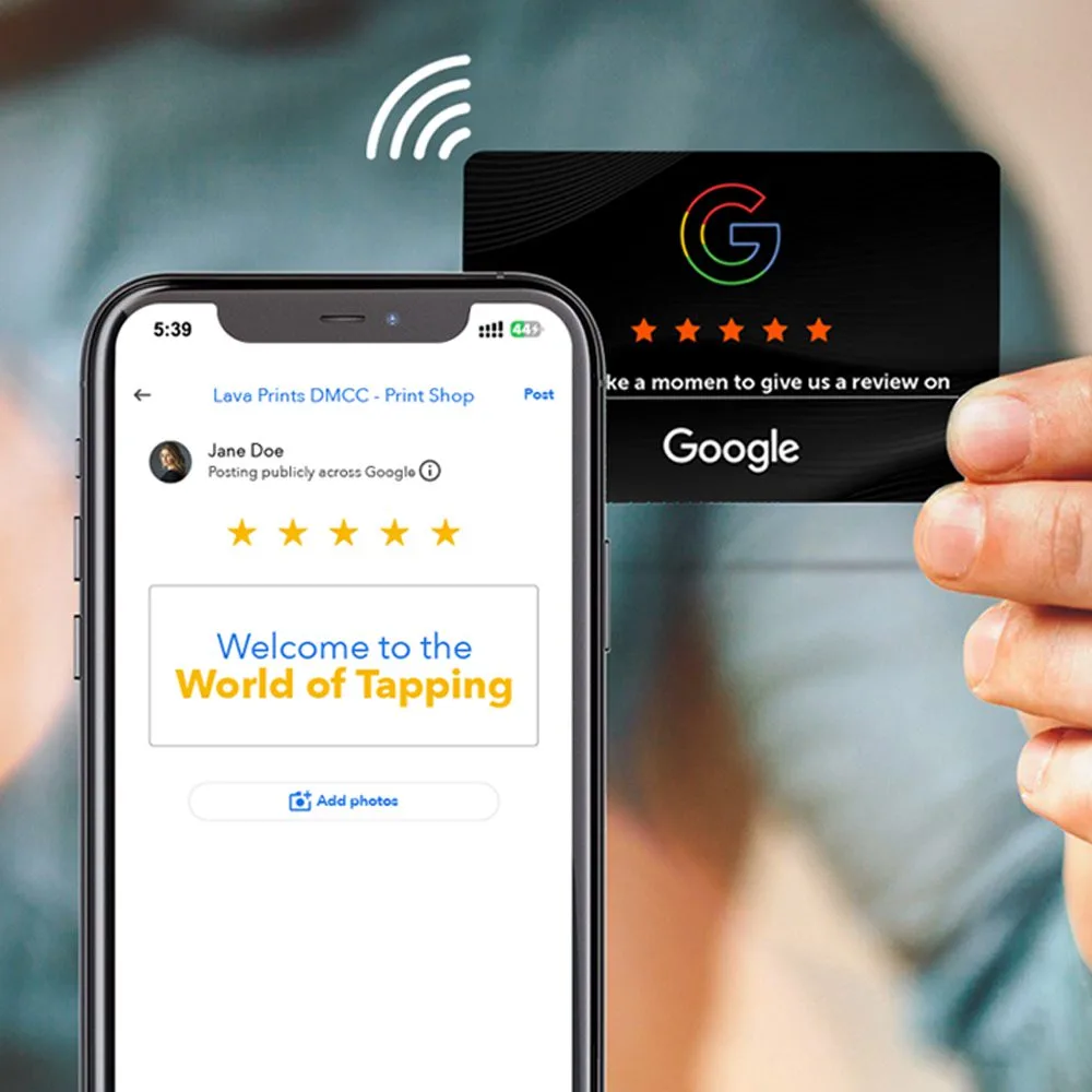 NFC Google review card tapped against a phone