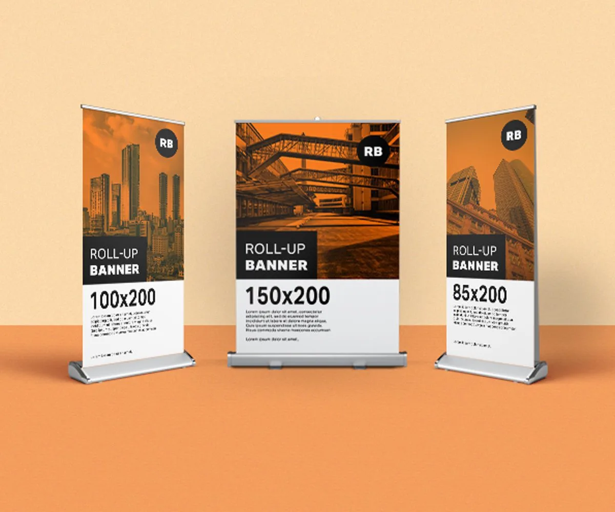 Three orange roll-up banners