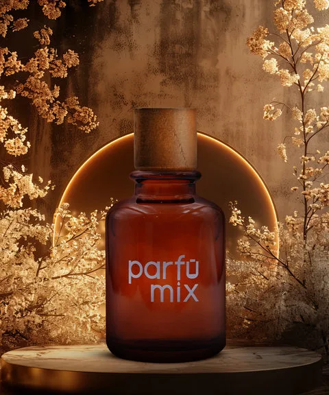 Amber Parfumix bottle with a wooden cap lit against a warm arch backdrop