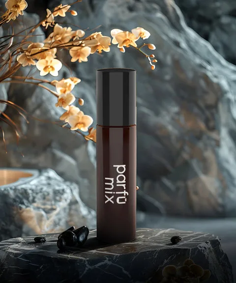 A dark Parfumix roll-on bottle styled on stone