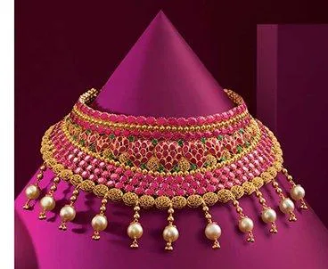 Pink and gold meenakari choker with pearl drops