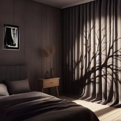 Blackout curtains drawn in a dim bedroom