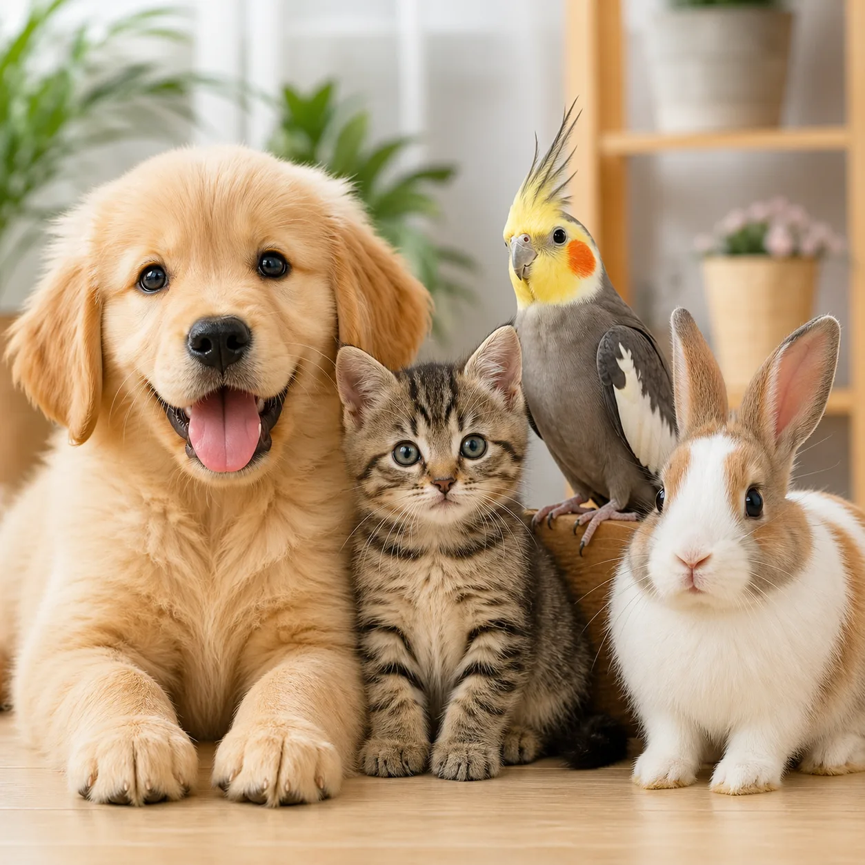 A dog, cat, bird and rabbit together — all welcome at The Furrys