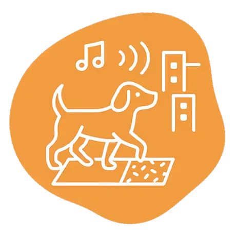 Icon of a dog walking with music notes