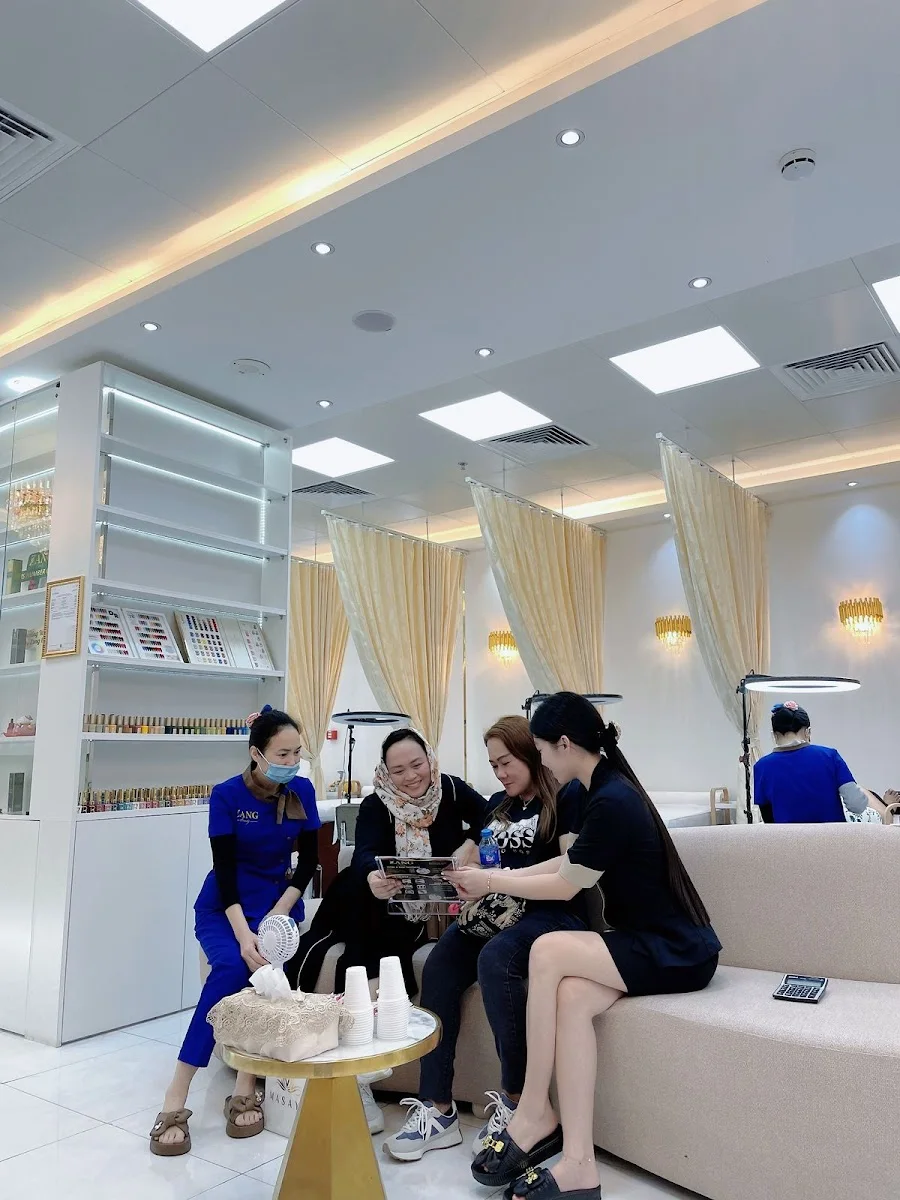 Salon lounge with nail-colour display shelves