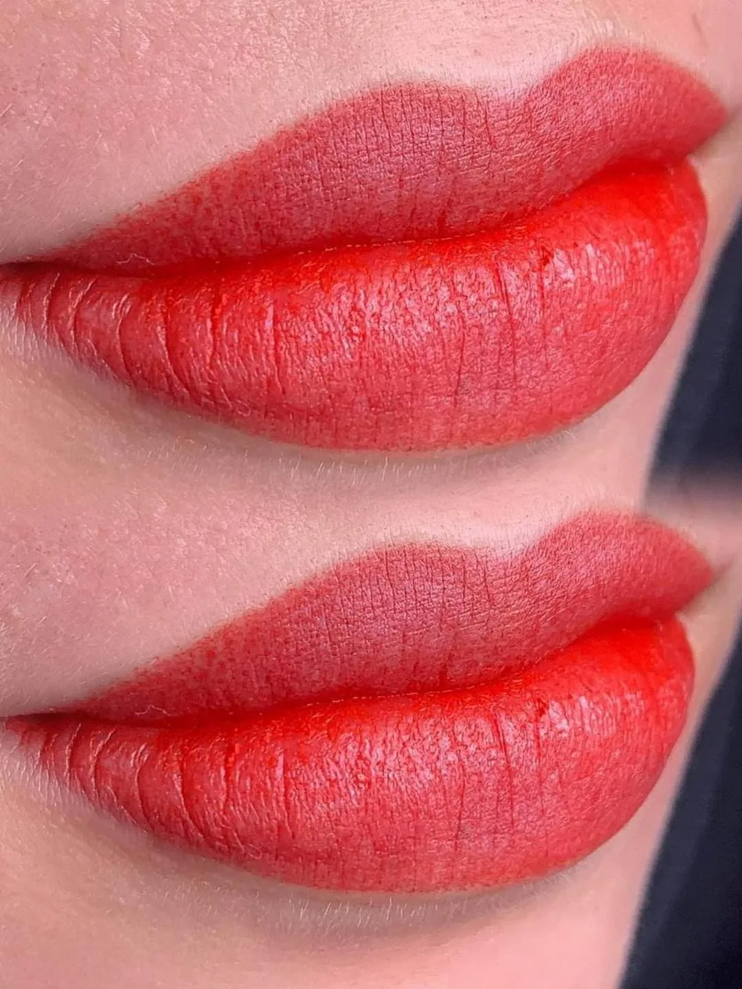 Permanent lip blush result with soft, natural red tone