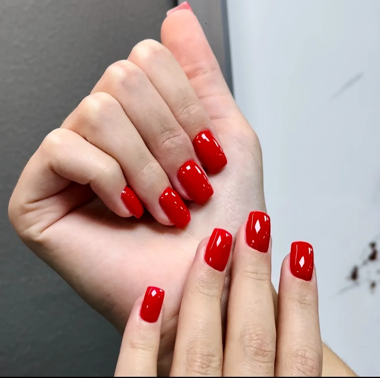 Glossy classic red square gel manicure