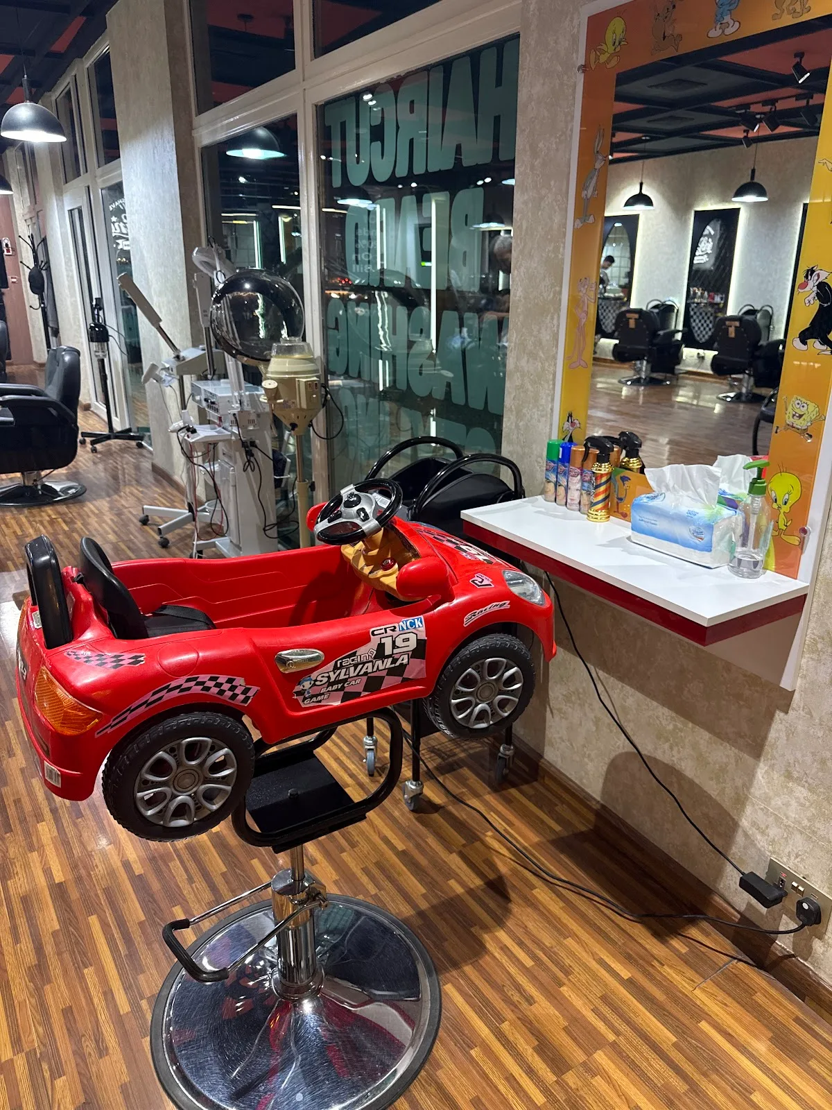 Kids cutting station with a toy car chair