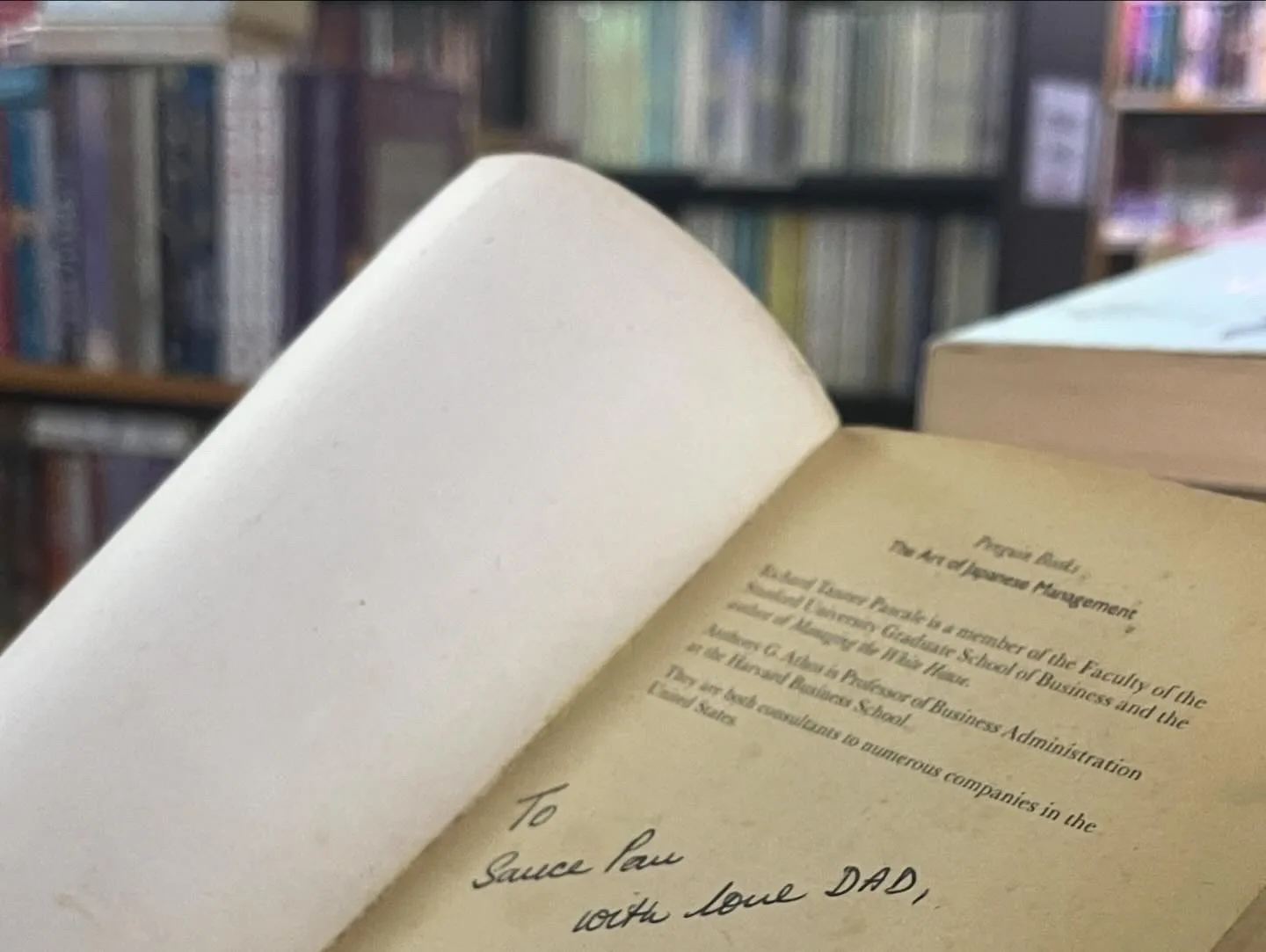 A handwritten dedication inside a used book reads: To Sauce Pau, with love DAD