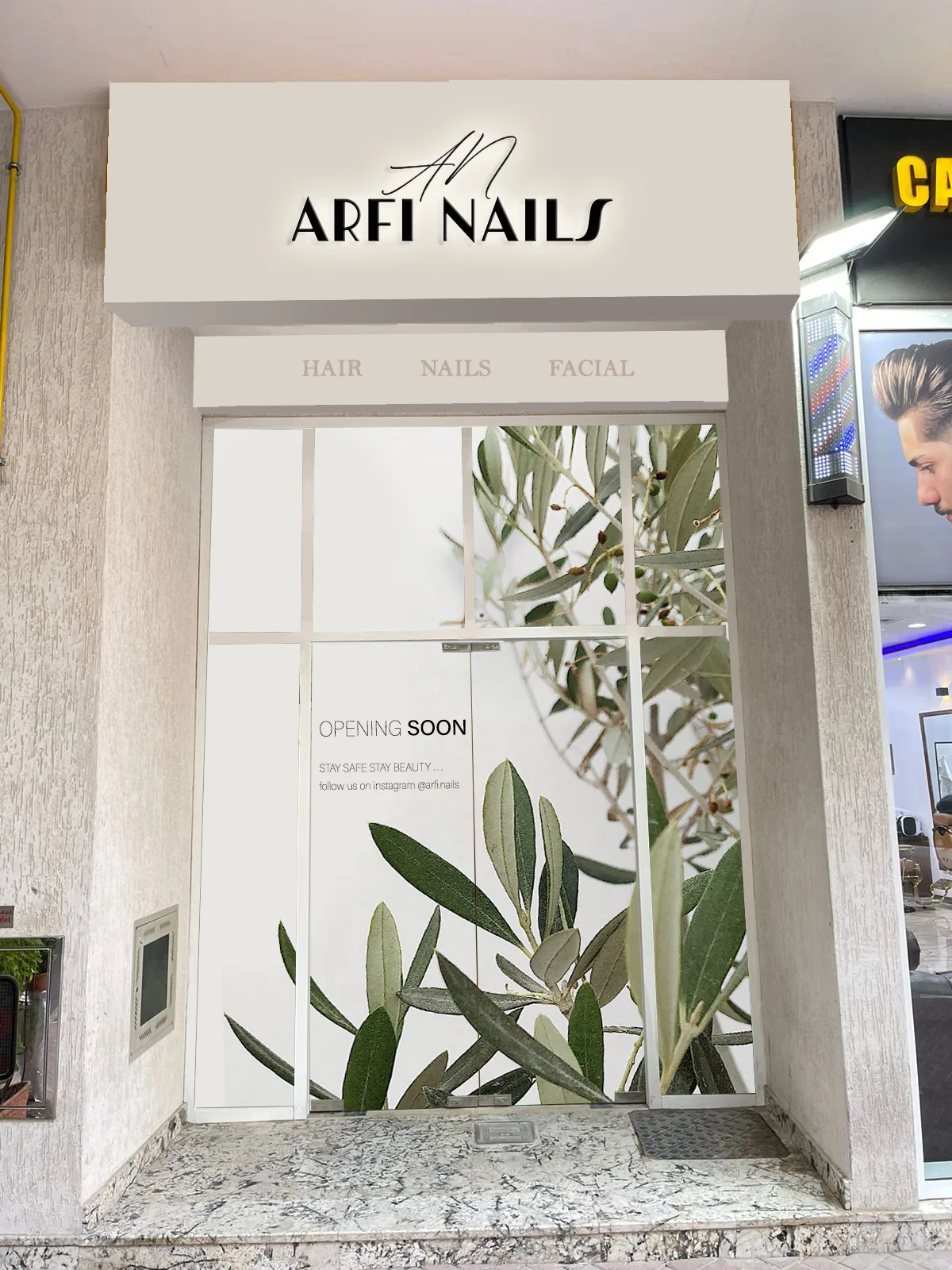ARFI NAILS storefront in Al Barsha with HAIR, NAILS and FACIAL signage