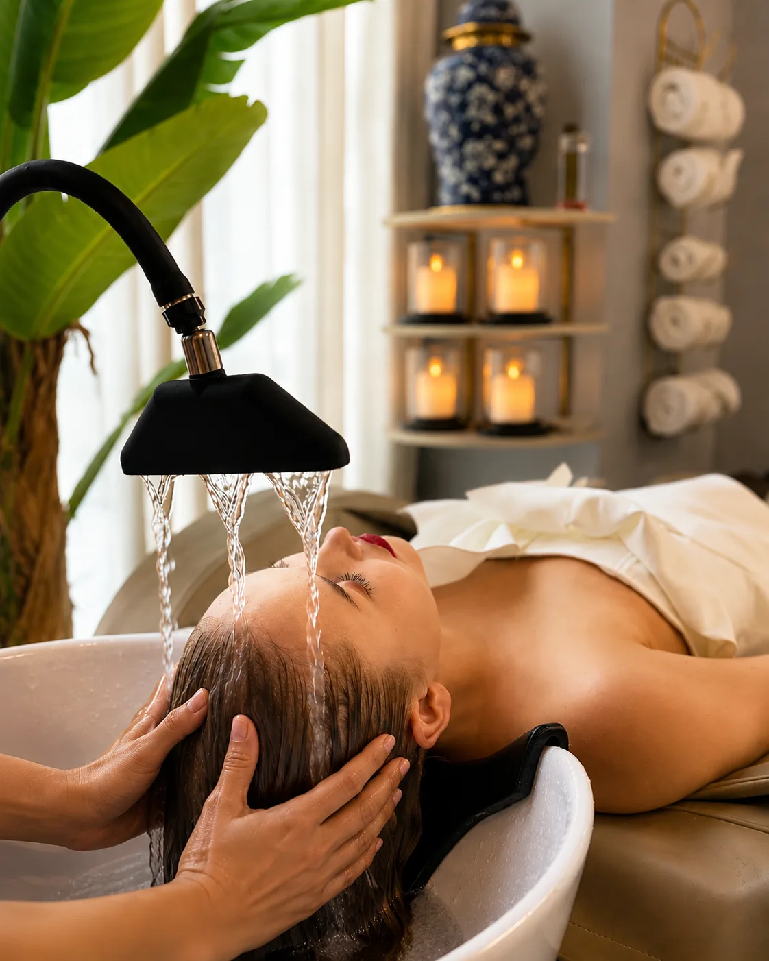 Relaxing hair spa wash in the candle-lit treatment room