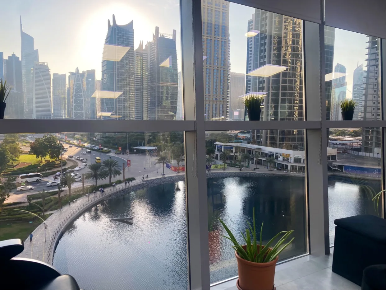 View over the Jumeirah Lakes Towers lake from inside The S