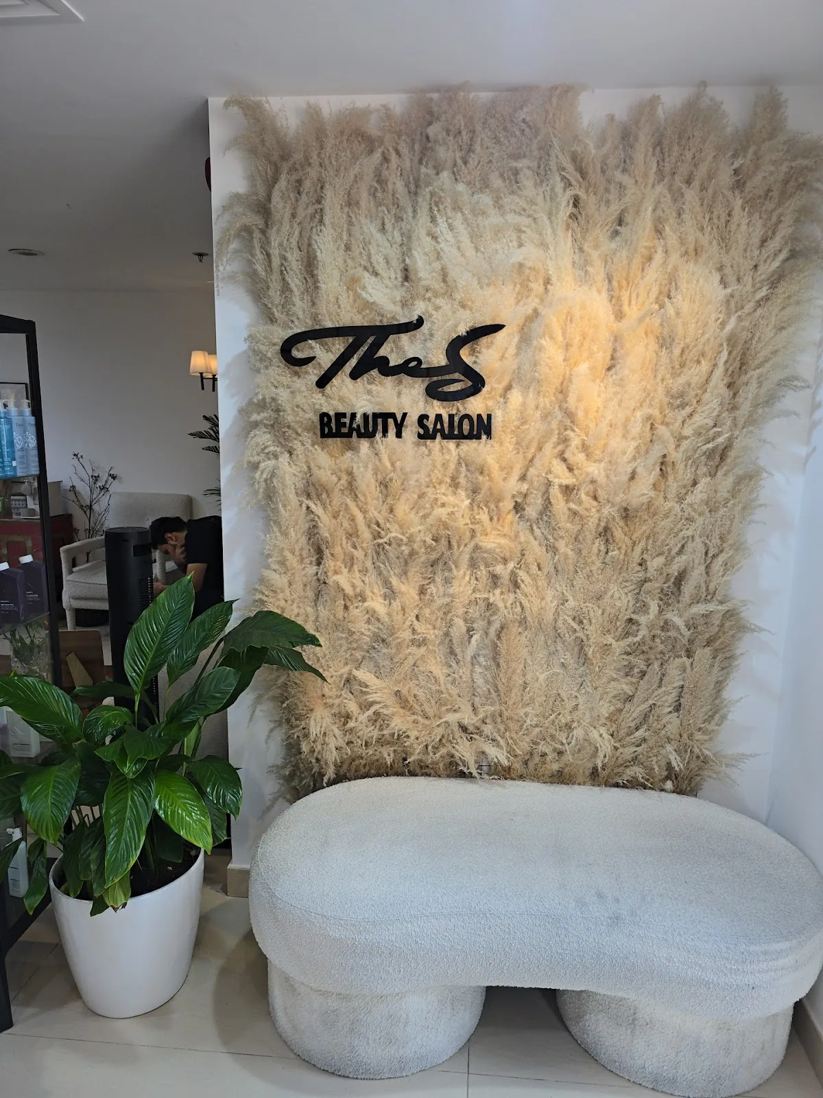 The S Beauty Salon interior with its signature pampas-grass feature wall in Jumeirah Lakes Towers