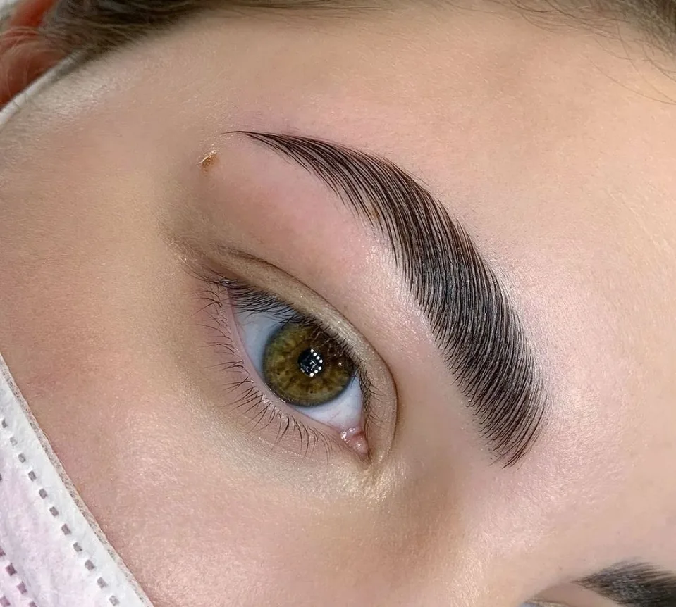Close-up of shaped, laminated brows framing a hazel eye