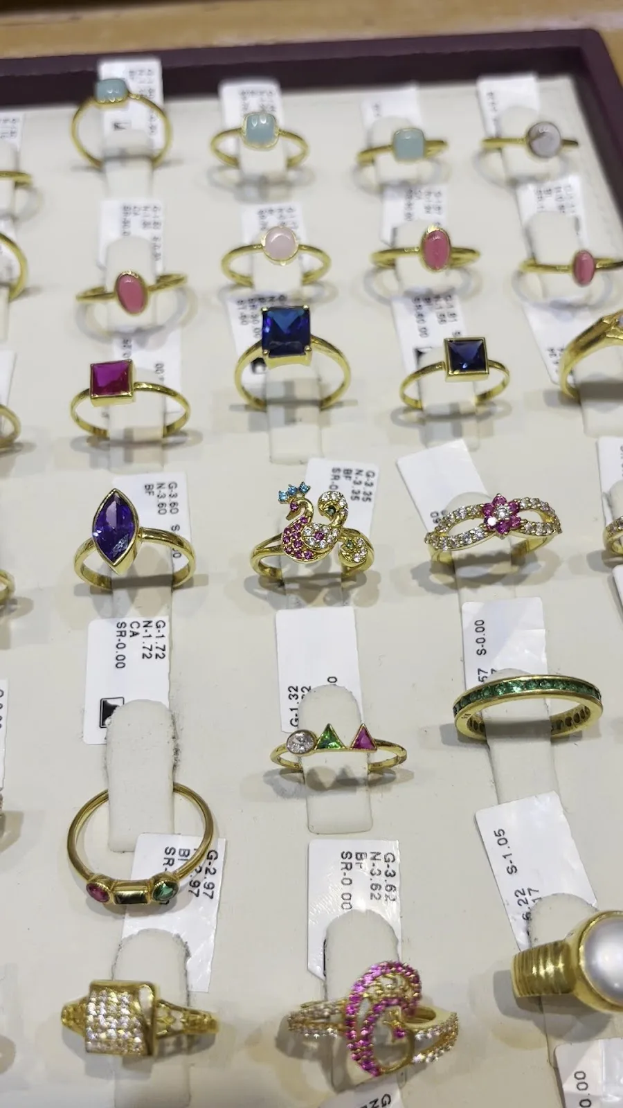Gold rings set with blue, pink and green gemstones