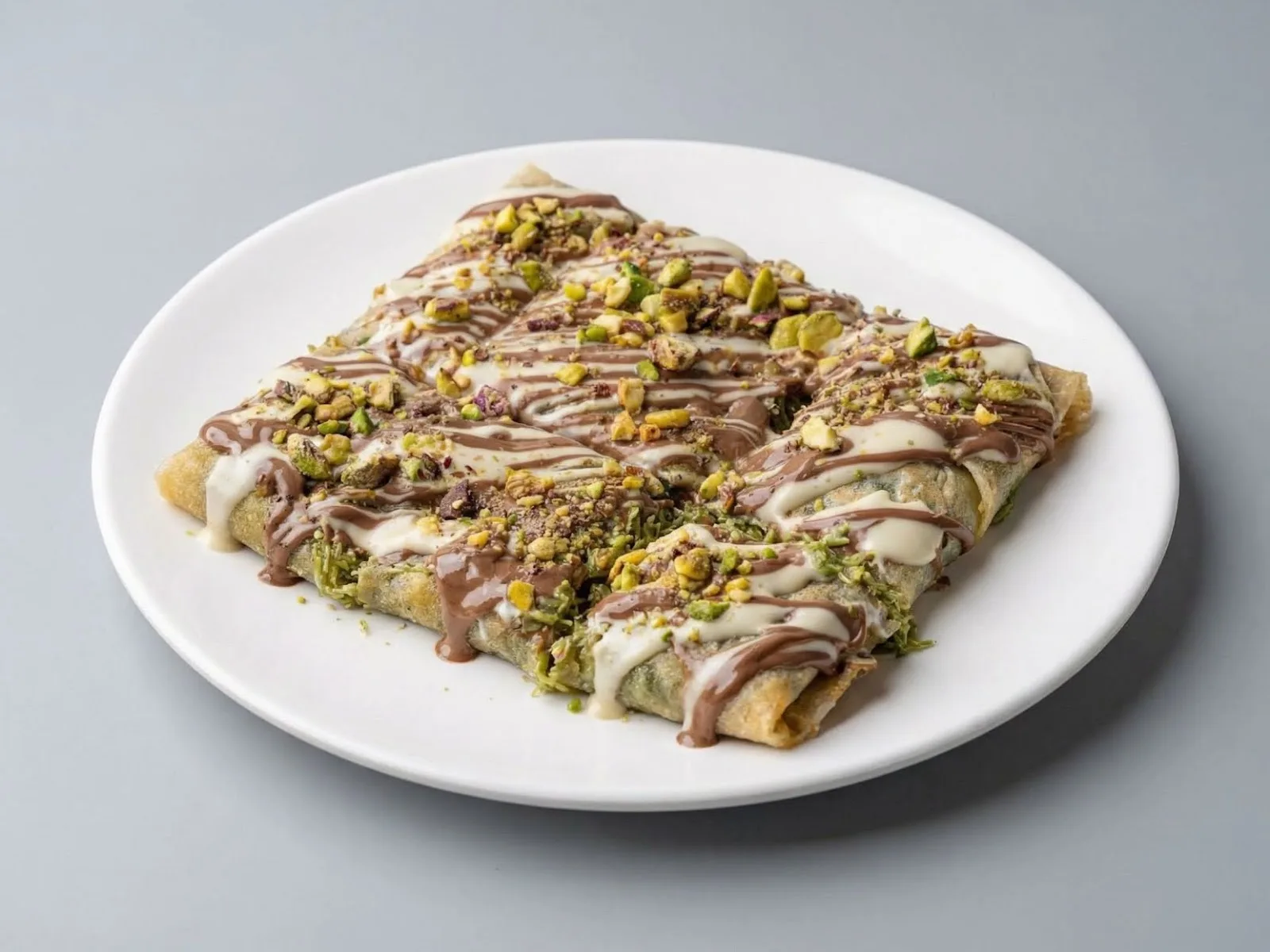 Crêpe drizzled with chocolate, tahini and crushed pistachio