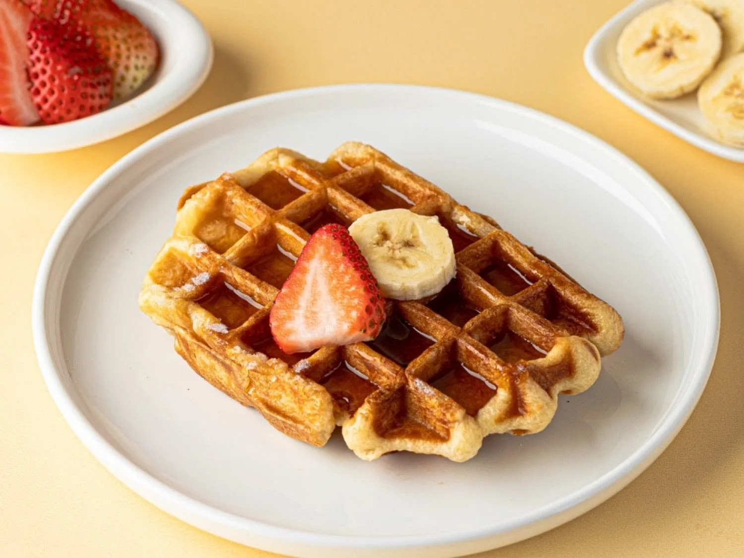 Golden Belgian waffle with strawberries, banana and syrup