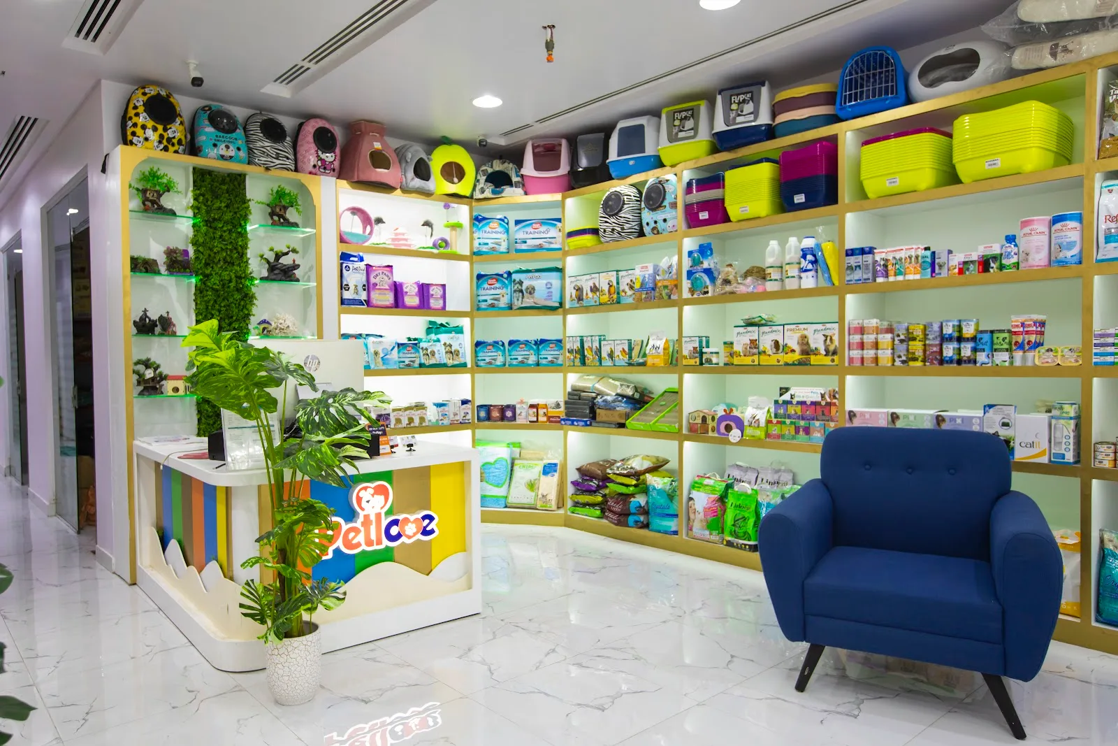 Petlove petshop shelves stocked with food, accessories and a comfy waiting chair