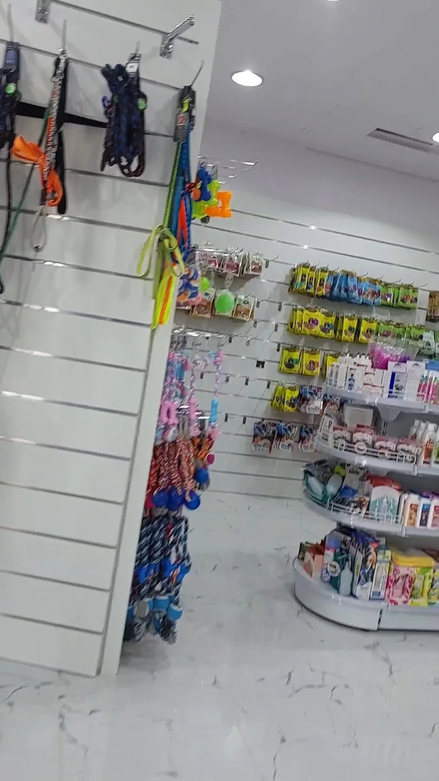 Petshop aisle stocked with leashes and pet products