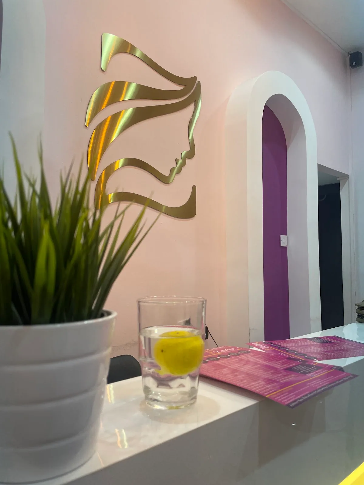 Interior of Zavier Ladies Salon showing the signature white arch, magenta reveal and gold profile wall art