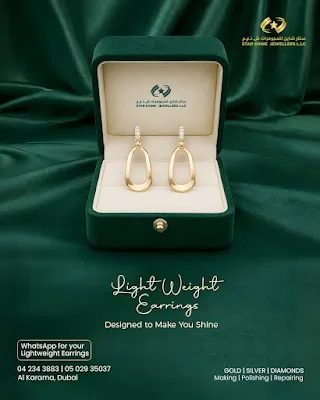 Lightweight gold earrings in a jewellery box