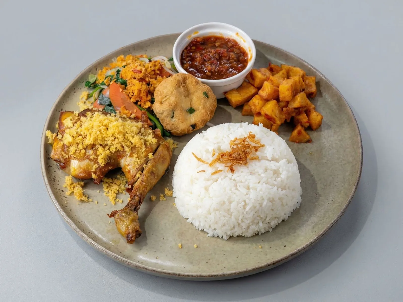Plate of rice with crispy chicken and spiced potatoes